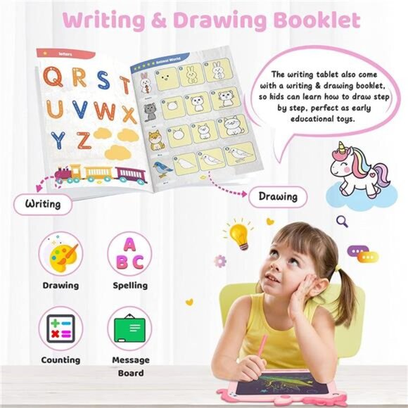 LCD Writing Tablet for Kids, Unicorn Colorful Screen Doodle Board, Erasable - Picture 2 of 7